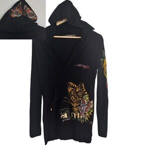 Vtg Ed Hardy By Christian Audigier Hooded Mini Dress SZ Large Knit Butterfly EUC